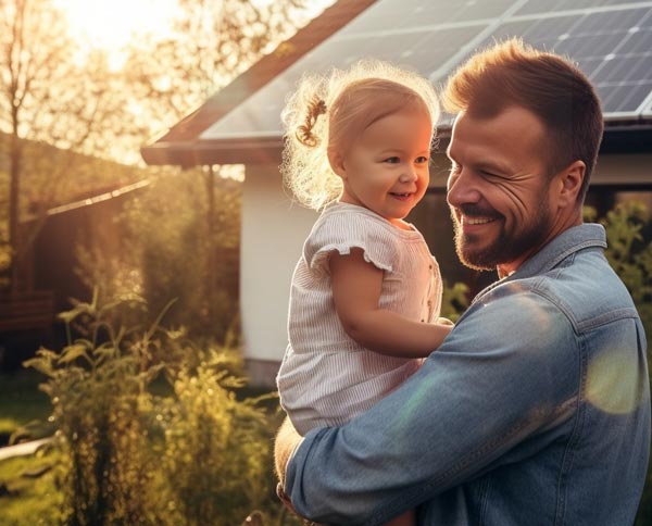 Father and daughter in front of home with solar panels